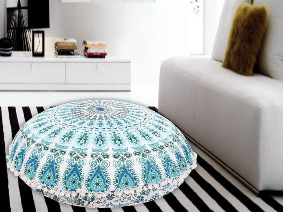 32 Inch Floor Pillows 'Cover Only' White Blue Mandala Cushions Seating Throw Gypsy Hippie Boho Colorful Cotton Poufs Cases Omb